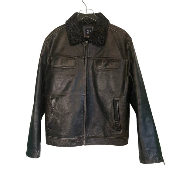 Vintage GAP Men's Distressed Black Leather Aviator Jacket Sherpa Collar Size L - Picture 1 of 13